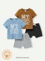 Cozy Cub 4pcs/Set Baby Boy'S Letter Print Round Neck Short Sleeve T-Shirt With Straight Shoulders And Solid Color Casual Shorts