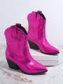 Embroidered Detail Pointed Toe Chunky Heel Women Fashion Boots