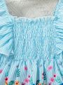 SHEIN Kids HYPEME Little Girls' Floral Printed Vertical Striped Flutter Sleeve Shirt
