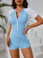 SHEIN Swim SPRTY One-piece Swimsuit With Raglan Sleeves, Zipper And Color Block Design