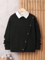 SHEIN Kids Academe Boys' Loose Fit College Style Long Sleeve Sweater With Round Neck And Slanted False Placket