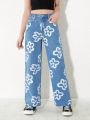 Tween Girls' New Fashionable Casual Floral Print Straight Leg Jeans