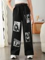 SHEIN Teen Girl Figure & Letter Graphic Wide Leg Pants