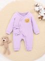 SHEIN Newborn Baby Girls' Casual Bear Embroidery Tie-Front Footed Romper Jumpsuit For Home Wear