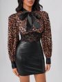 ChaKiva Latrell Luxe Collection Leopard Print Tie Neck Contrast Lace Bodysuit