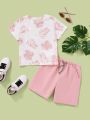 SHEIN Kids SUNSHNE Young Boy Casual Tropical Plant Print Short Sleeves T-Shirt And Shorts Two-Piece Set