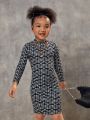 SHEIN Kids Cooltwn Toddler Girls Mock Neck Allover Print Dress