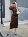 SHEIN Privé Women's Bubble Long Sleeve Dress With Pleats And Split Hem