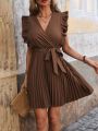 Women'S Solid Color Wrap V-Neck Ruffle Hem Pleated Belted Dress
