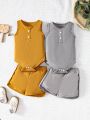Baby Boy's Basic Fashionable, Comfortable Button-Up Vest And Shorts 4pcs Set For Casual Outing
