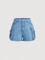 SHEIN Y2k New Street Style Cool Comfortable Utility Pockets Metal Button Light Washed Blue Denim Casual Mid-Waist Teenage Girl's Shorts