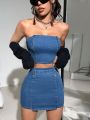 SHEIN ICON Y2k Blue Denim Two Piece Set Of Women'S Casual Slim Fit Crop Top & Fitted Mini Skirt With Belt
