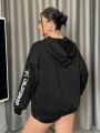 SHEIN ICON Plus Size Character & Letter Print Hooded Sweatshirt With Drawstring