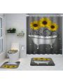 4 Pcs Yellow Sunflowers Shower Curtain Set with Non-Slip Rugs, Toilet Lid Cover and Bath Mat Three Cute Floral Shower Curtain Modern Bathroom Decor with Hooks-Pink Grey