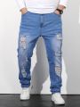 Manfinity Men Cotton Bleach Wash Ripped Frayed Straight Leg Jeans