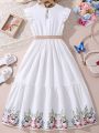 SHEIN Kids HYPEME Tween Girls' Positioning Floral Printed Short Sleeve Dress With Woven Belt