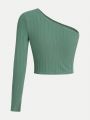 Teenage Girls' Knitted Monochrome One Shoulder Long Sleeve Ribbed Knit Casual T-Shirt