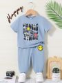 SHEIN Baby Boys' Round Neck Short Sleeve Expression & Letter Printed T-Shirt And Long Pants Set