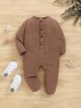 SHEIN Baby Boy Solid Color Round Neck Half-Zip Long Sleeve Jumpsuit With Pants