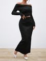 SHEIN Privé Women'S Black Off Sleeve Crop Top And Tight Fitting Skirt Two Piece Set