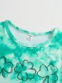 SHEIN Kids SUNSHNE Tween Girls' Casual Shamrock Tie-Dye T-Shirt