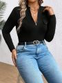 SHEIN Privé Plus Size Women's Half Placket Zipper Long Sleeve T-shirt