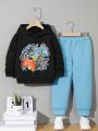 SHEIN 2pcs/set Boys' Casual Comfortable Simple Stylish Practical Matching Warm Sweatshirt And Color Contrast Long Pants With Gaming Print, Fall And Winter