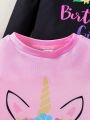 Little Girls' Casual Unicorn Print Long Sleeve T-shirt, 3pcs/set Spring And Autumn