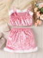 Young Girl Velvet Pink Camisole Top & Skirt With Set, Fashionable And Casual Outfit For Fall/winter