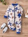 Infant Boys' Long Sleeve Jumpsuits With Airplane Print, Comfortable Climbing Clothes For Baby Boys