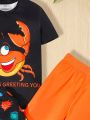 SHEIN Tween Boy Casual Street Style Cartoon Crab & Slogan Print Round Neck Sweatshirt & Shorts Set In Two Colors With Tight Knitted Homewear 2pcs/Set
