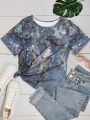 Women'S Plus Size Flower Printed Round Neck Loose Fit Casual T-Shirt