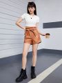 Teenage Girls' Pu Leather Loose Fit Shorts With Belt, Casual