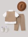 SHEIN Baby Boy 4pcs/Set Vest With Single-Breasted Buttons, Short-Sleeved Shirt, Butterfly Bowtie & Pants, Gentleman Clothing
