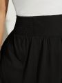SHEIN CURVE+ Plus Size Loose Knit Elasticity Holiday Pants, Solid Black High Waist Wide Leg Trousers