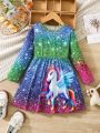 SHEIN Kids EVRYDAY Little Girls' Long Sleeve Unicorn Pattern Gradual Change Print Detail Dress For Autumn And Winter