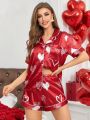 Heart Printed Color-Block Satin Pajama Set With Rolled Hem