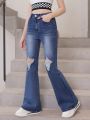 Teen Girls' Slim-Fit Distressed Flared Jeans With Washed Finish