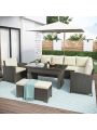 Merax Patio Furniture Set, 6 Piece Outdoor Conversation Set, Dining Table Chair with Bench and Cushions
