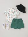 SHEIN Baby Boy's Rabbit & Plant Patterned Collared Short Sleeve Shirt, Solid Color Shorts And Bow Tie 3pcs Set