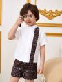 SHEIN Kids Nujoom Boys' (Little) Geometric Pattern Stand Collar Shirt And Shorts 2pcs/Set