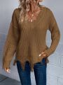 Frayed & Vintage Edge V-neck Pullover Sweater With Brushed Finish