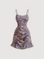 SHEIN MOD Full-printed Halter Neck Dress With Ruffled Hemline