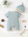 SHEIN 2pcs Newborn Baby Boy Summer Casual Cute Color Block Round Neck English Letter Print Short Sleeve Romper With Shorts And Hat