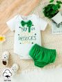 SHEIN 2pcs/Set Baby Boy Casual Daily Cute Letter Pattern With 3d Bowknot Bodysuit And Shorts Outfits, Spring And Summer, Suitable For St. Patrick's Day