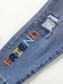 Boys' Elastic Jeans With Sandblasting Process And Embroidery Decoration
