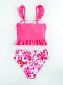 Tween Girls' Ruffled Pattern Printed Bikini Swimsuit Set