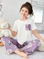 SHEIN Teenage Girls' Knitted Floral Patchwork T-shirt And Long Pants Leisure Homewear