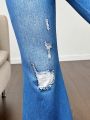 SHEIN Kids Cooltwn Tween Girl Denim-Effect Print Flare Leg Pants