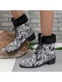 Women's Chunky Block Heel Lace-up Ankle Boots With Random Denim Patchwork Design And Middle Heel Plus Velvet For Winter